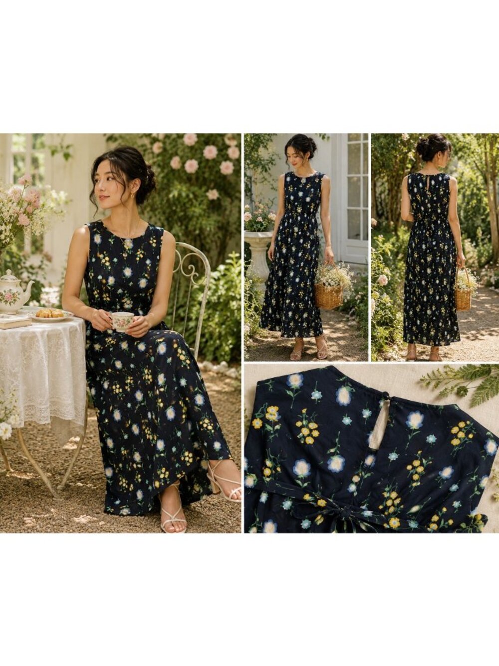 Studio Ease Floral Sleeveless Maxi Dress Navy Blue Yellow White Floral Tie Back